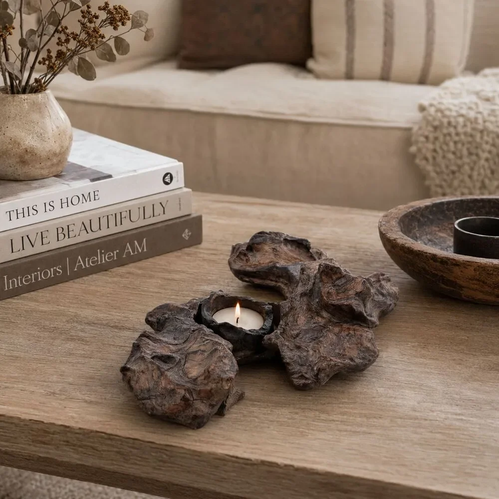 Natural Burl Wood Art Sculpture Candle Holder Decor